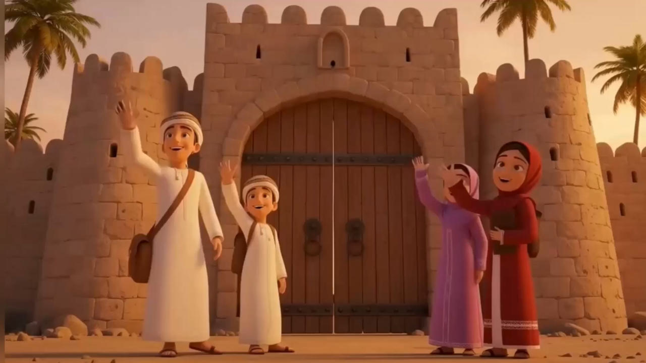 أربعة أصدقاء أمام باب قلعة عُمانية